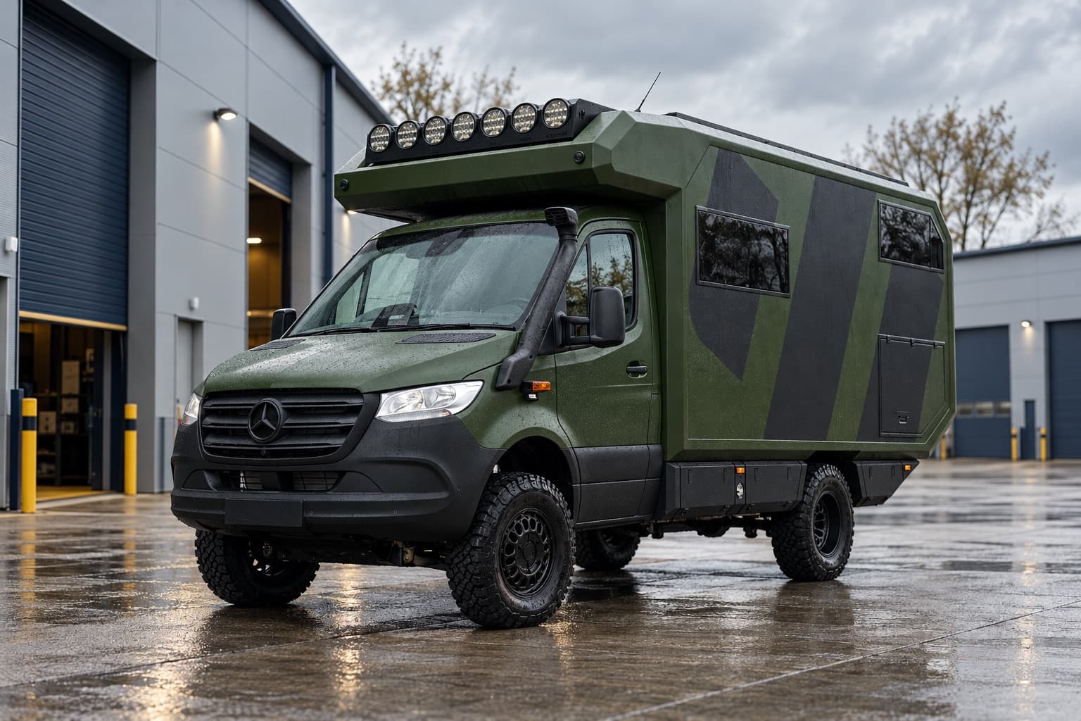The Kaktus Mojave expedition vehicle in green, front three-quarter view with roof light bar