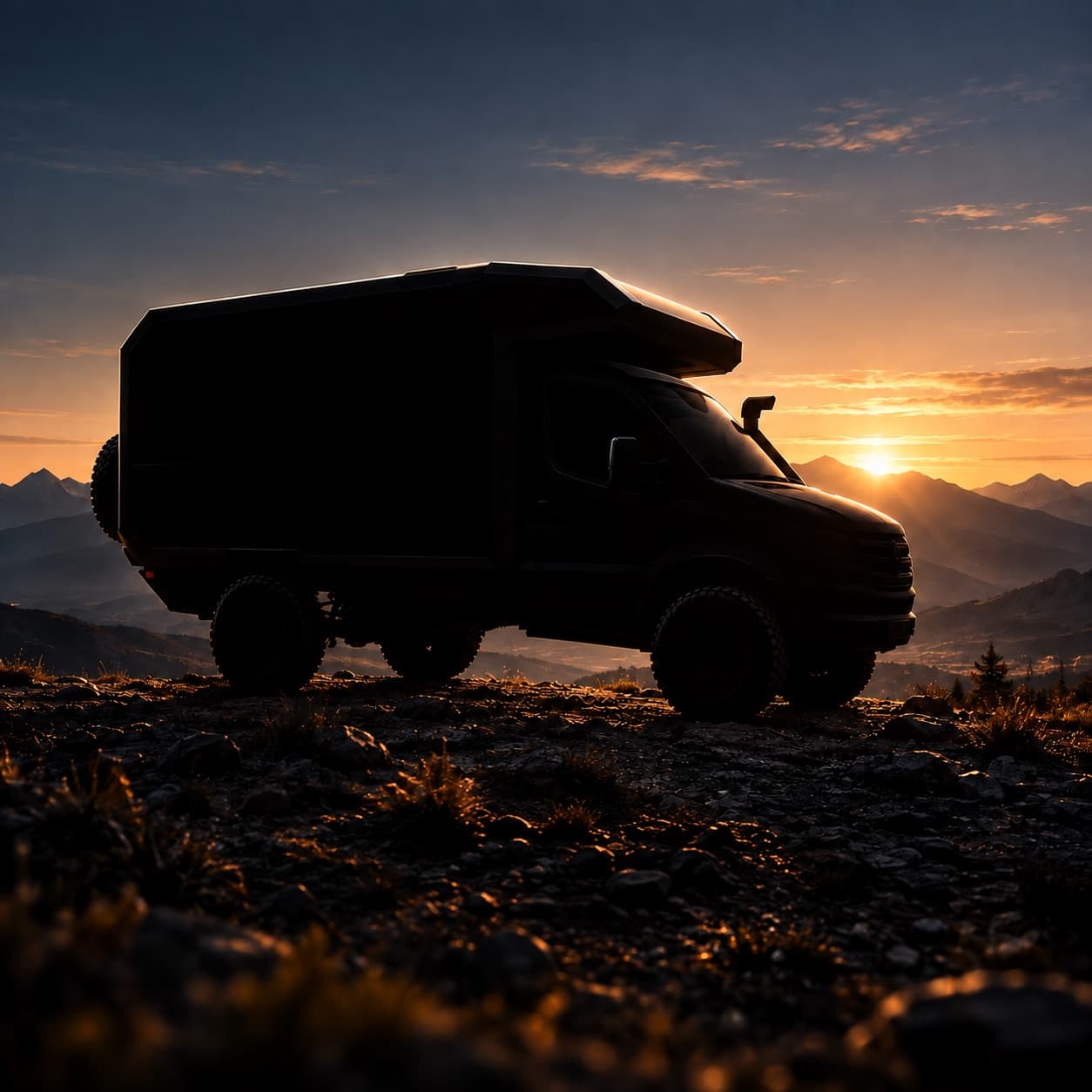 An expedition vehicle in silhouette against a mountain sunrise